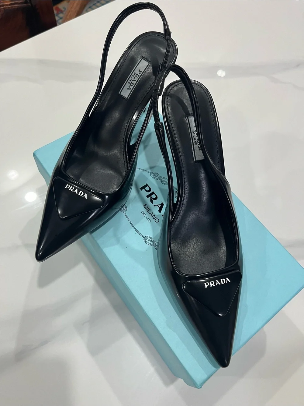 Prada Black Patent Pointed Slingback Pumps